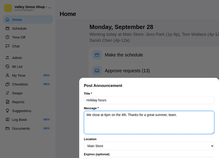 Posting an announcement on the desktop view, titled Holiday hours