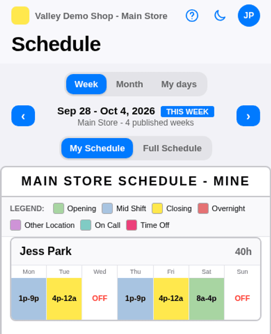 The same schedule, live on a phone in the Coyoteshift app: a color-coded week for Jess Park