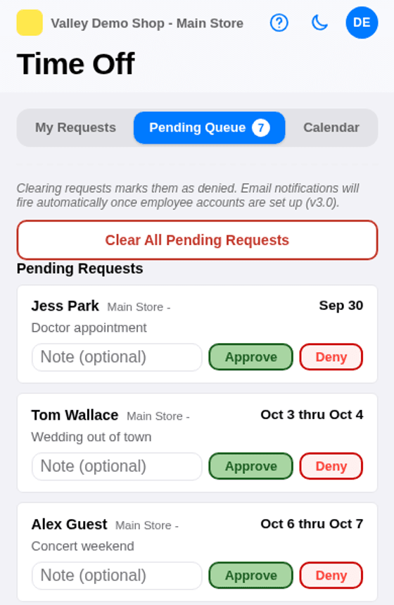 Time Off screen: the manager's Pending Queue with Approve and Deny buttons on each request